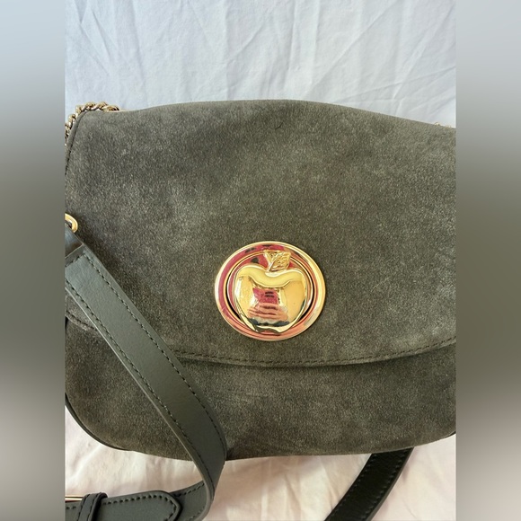 Talbots Suede Crossbody Bag Olive Green Gold Apple Turnlock Closure - Picture 5 of 12